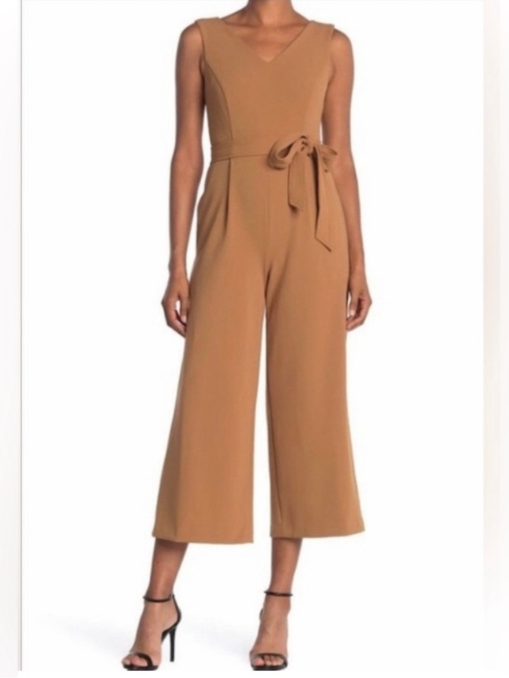 Calvin Klein camel tan stretch wide leg cropped sleeveless jumpsuit EUC 6